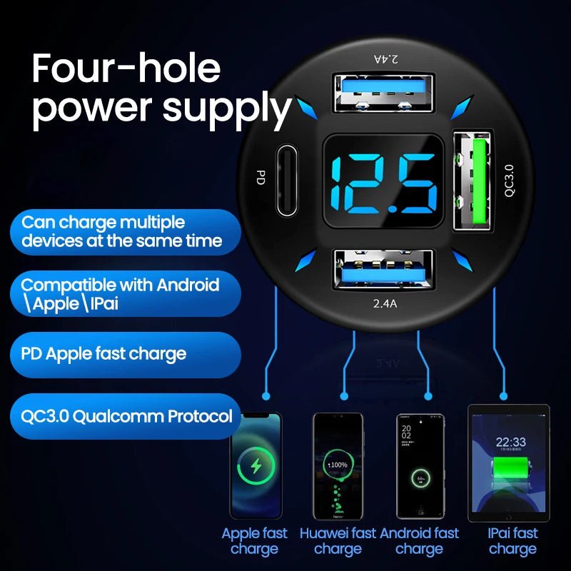 Auto oplader snellader sigarettenaansteker adapter - 4-port USB A+USB C - Bivakshop