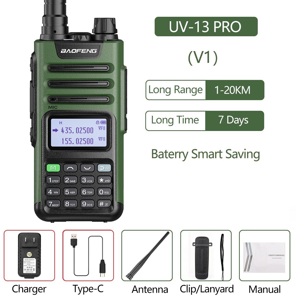 Baofeng UV-13 Pro V1 V2 High Power Dual Band Walkie Talkie - Type C Oplader - 16 Km Lange Afstand Transceiver - Bivakshop