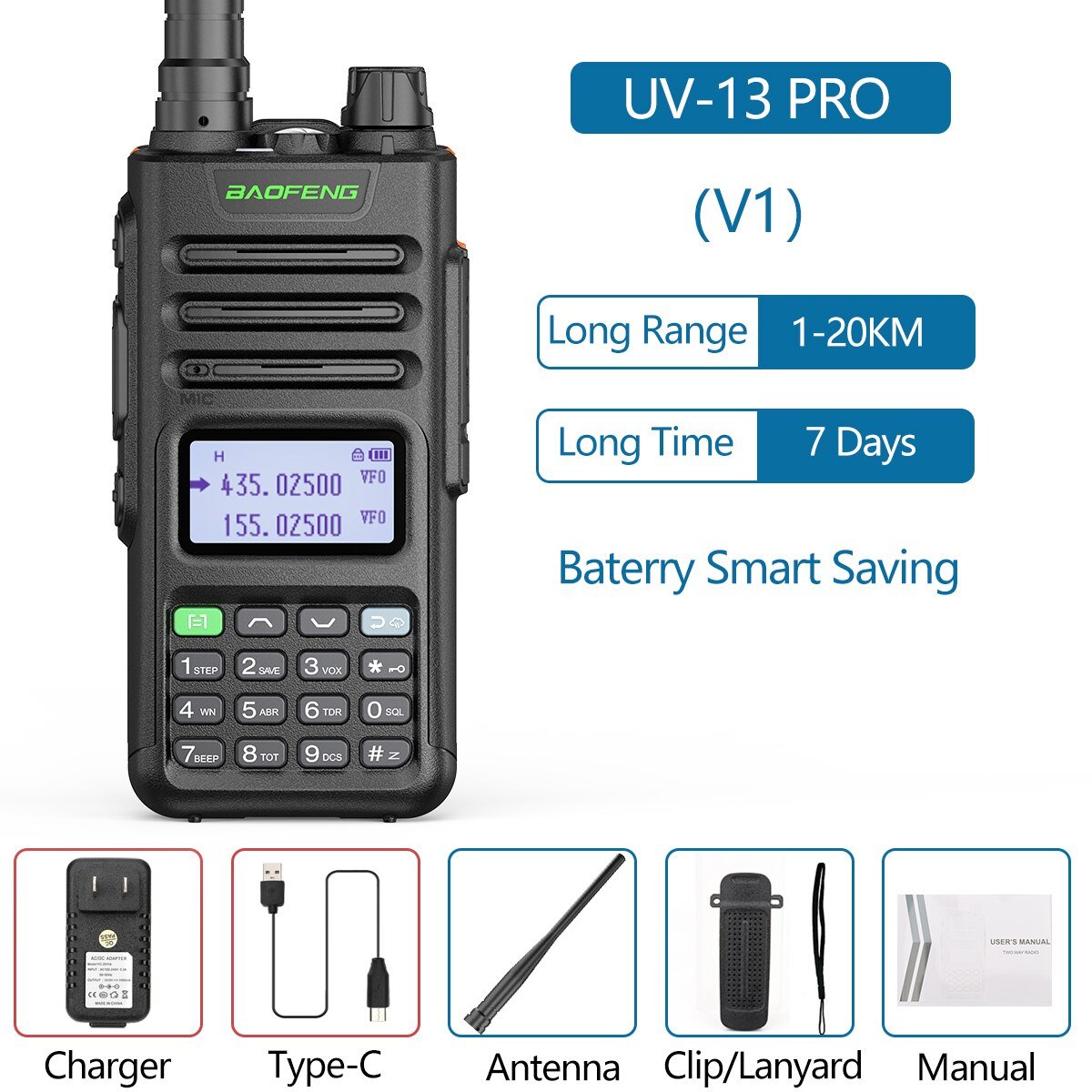 Baofeng UV-13 Pro V1 V2 High Power Dual Band Walkie Talkie - Type C Oplader - 16 Km Lange Afstand Transceiver - Bivakshop