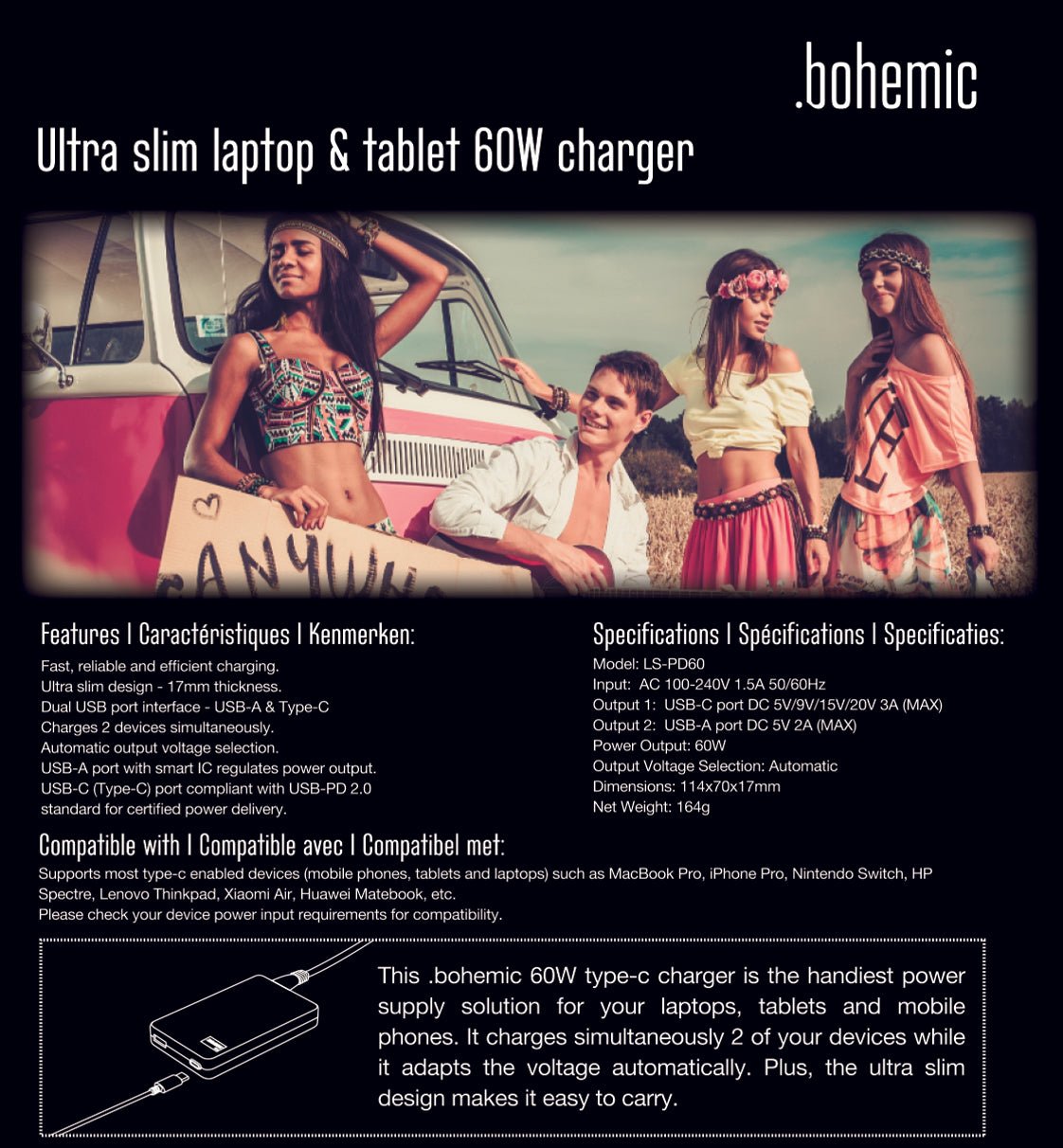 Bohemic BOH7382: Ultraslanke laptop- en tablet-oplader van 60 W - Bivakshop