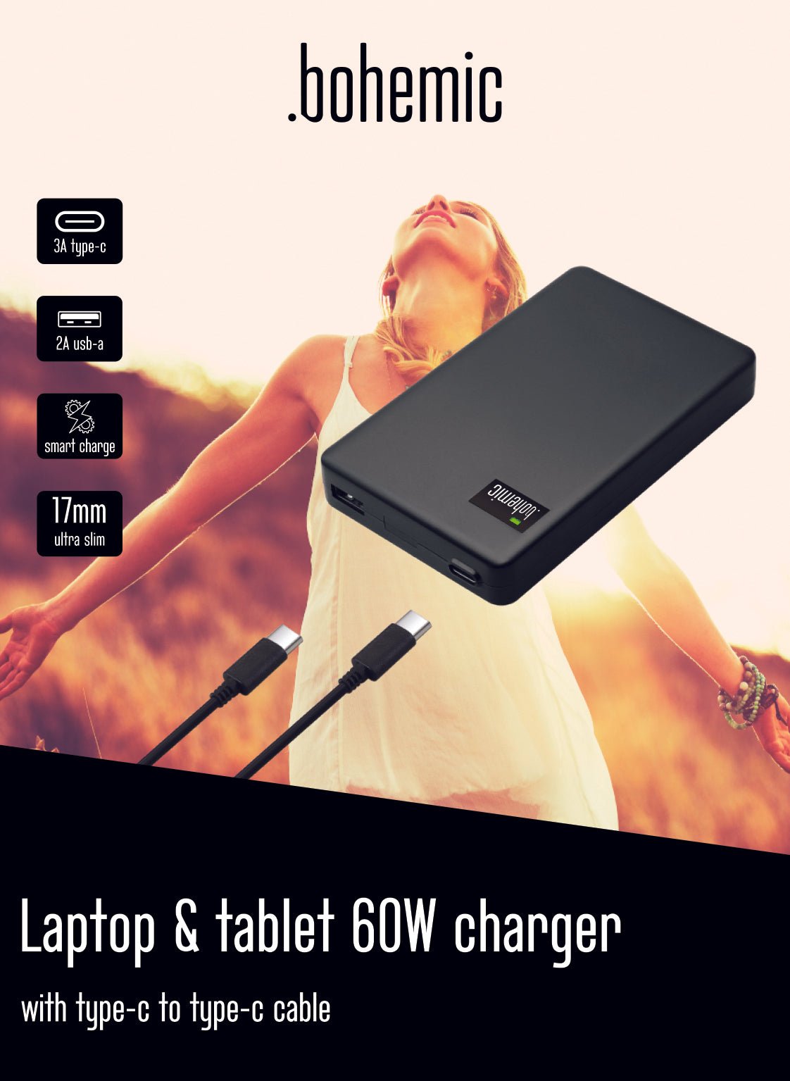 Bohemic BOH7382: Ultraslanke laptop- en tablet-oplader van 60 W - Bivakshop