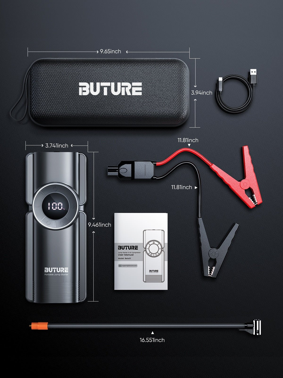 Buture Bate1 4 in 1 Jump Starter met Air Compressor, Power Bank en LED Zaklamp - Bivakshop