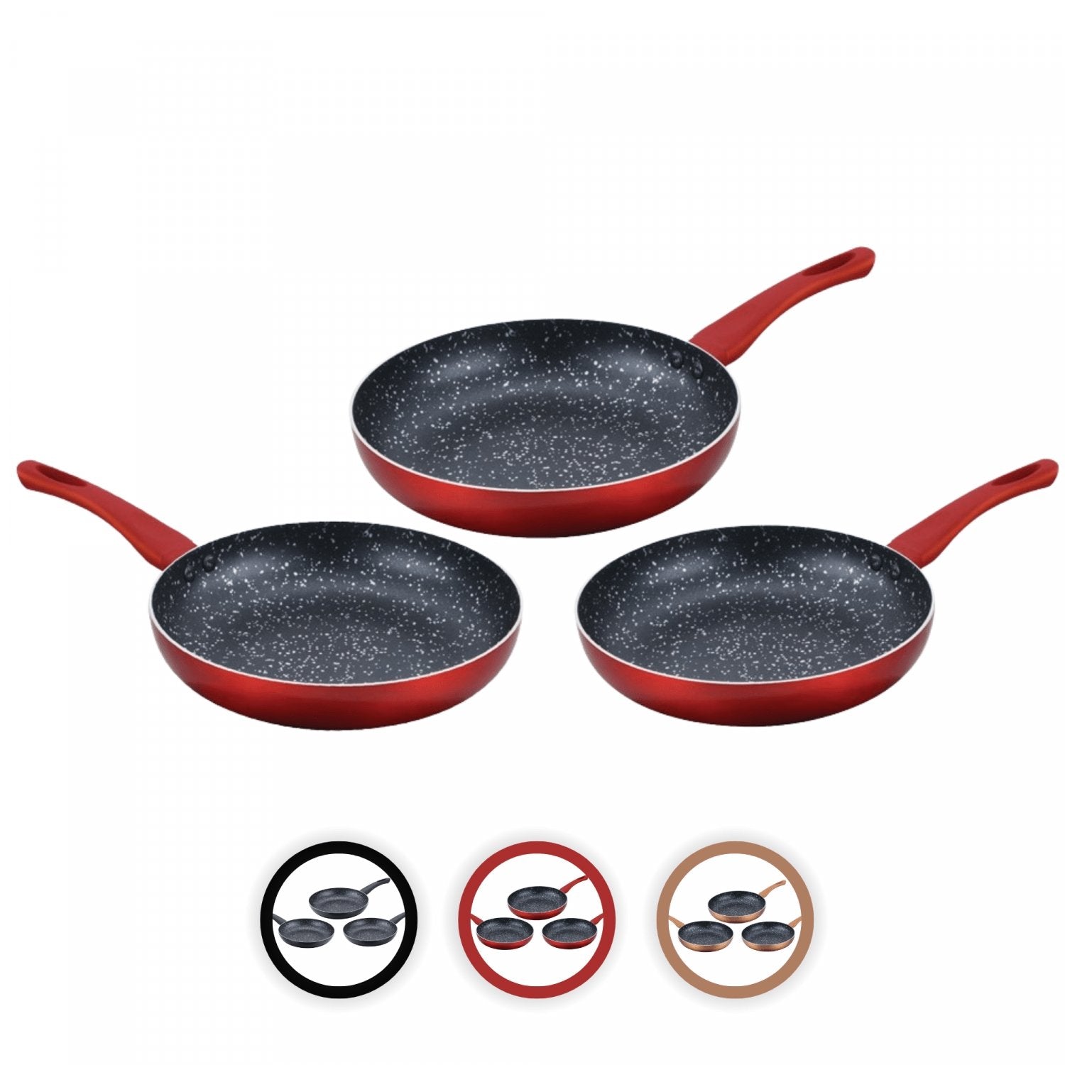 Cenocco Set van 3 Koekenpannen met Marmeren Coating Rood - Keramische pannenset - 20/24/28 cm - Bivakshop