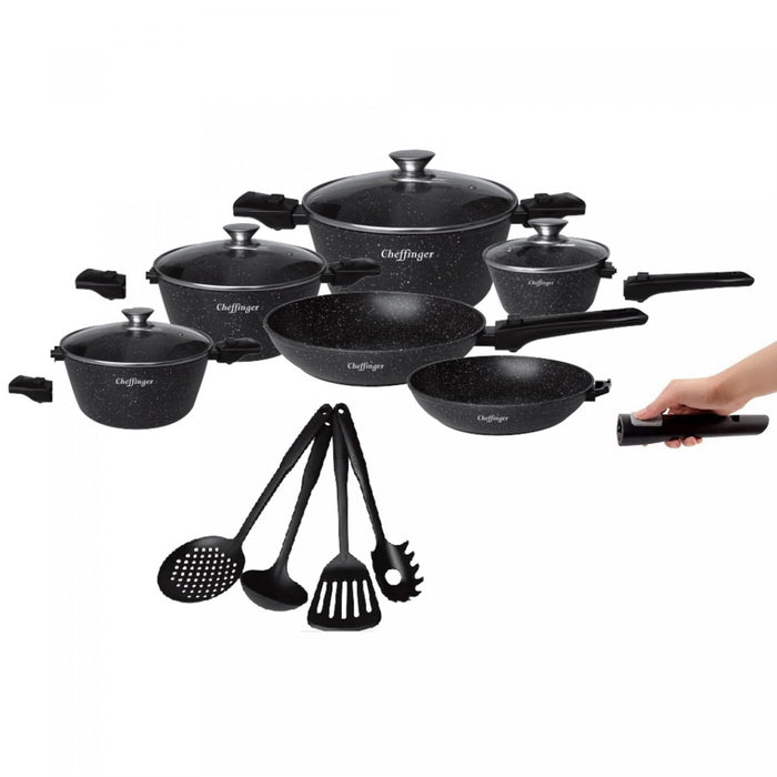 Cheffinger 14 Delige XXL Kookpannenset met Afneembare Handgrepen + 4 Pollepels - Bivakshop