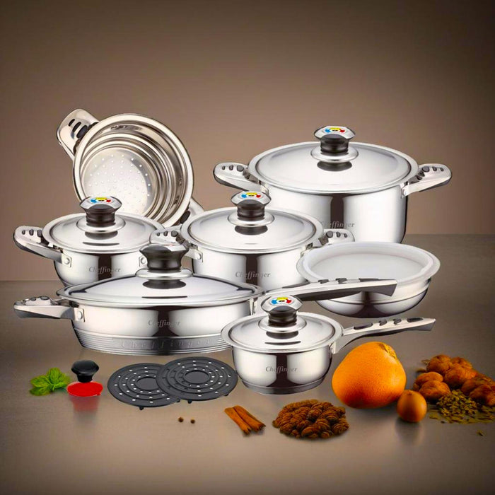 Cheffinger CF - 1600S: 16 Pieces Stainless Steel (Inox) Cookware Set - Bivakshop