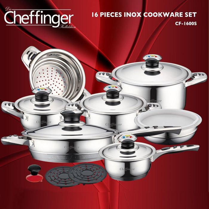 Cheffinger CF - 1600S: 16 Pieces Stainless Steel (Inox) Cookware Set - Bivakshop