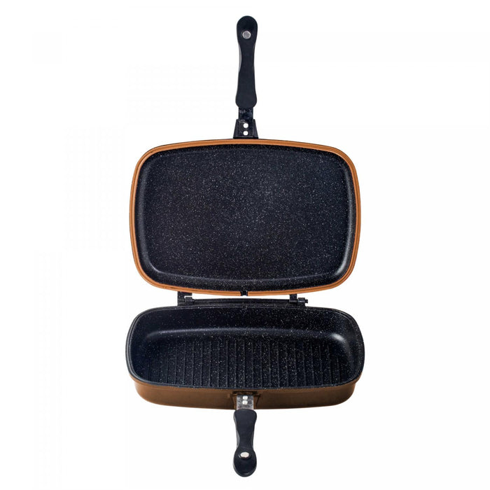 Cheffinger CF-DG32: Omkeerbare dubbele grillpan met marmercoating - 32 cm koper - Bivakshop