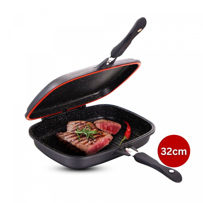 Cheffinger CF-DG32: Omkeerbare dubbele grillpan met marmercoating - 32 cm koper - Bivakshop
