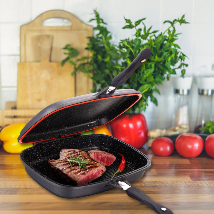 Cheffinger CF-DG32: Omkeerbare dubbele grillpan met marmercoating - 32 cm koper - Bivakshop