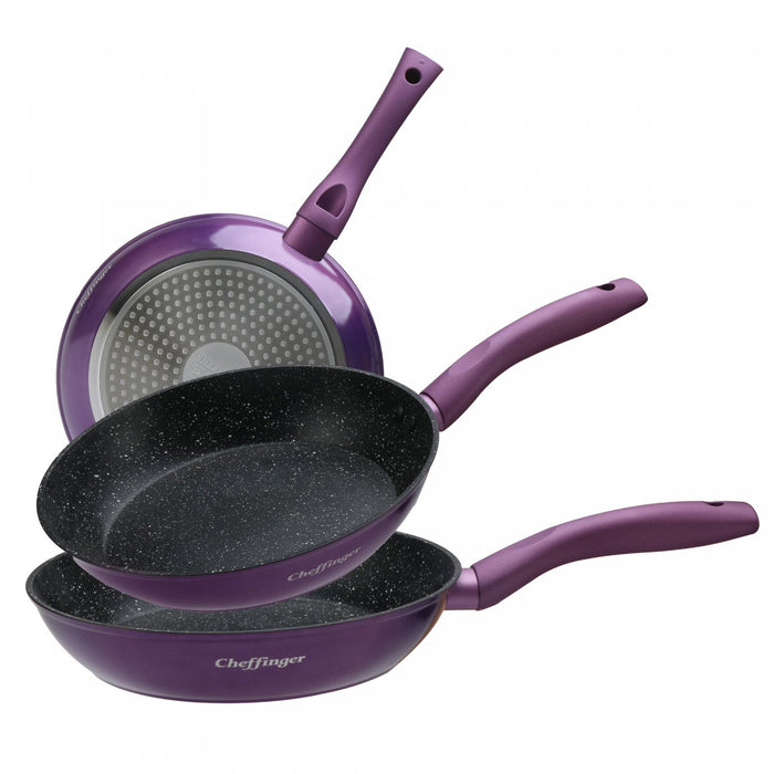 Cheffinger CF-FA03: 3 Delige Koekenpannenset Marmer Gecoat Paars - Bivakshop