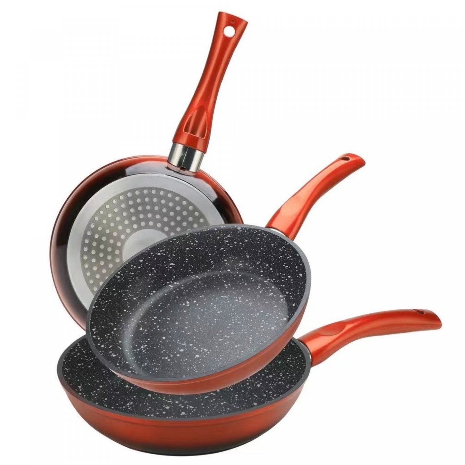 Cheffinger CF-FA03: 3 Delige Koekenpannenset Marmer Gecoat Rood/Zwart - Bivakshop