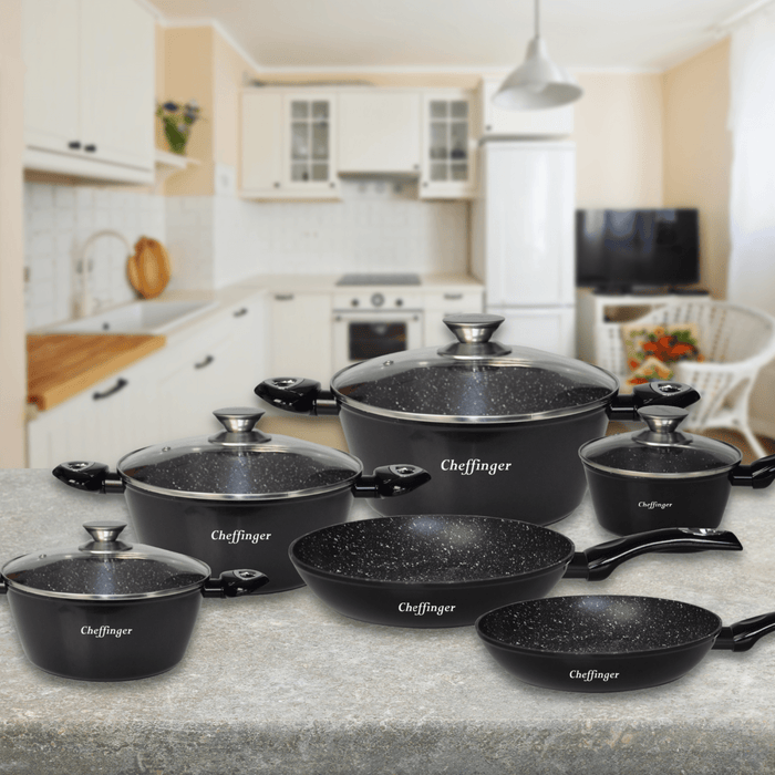 Cheffinger CF - FA1010 - BLK: 10 - delige pannenset met marmercoating - Bivakshop