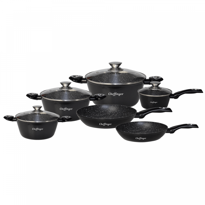 Cheffinger CF - FA1010 - BLK: 10 - delige pannenset met marmercoating - Bivakshop