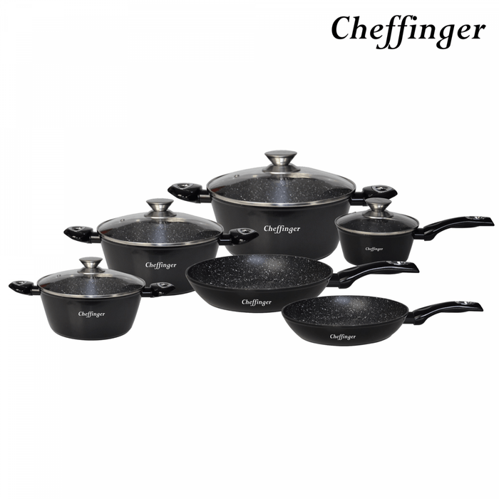 Cheffinger CF - FA1010 - BLK: 10 - delige pannenset met marmercoating - Bivakshop