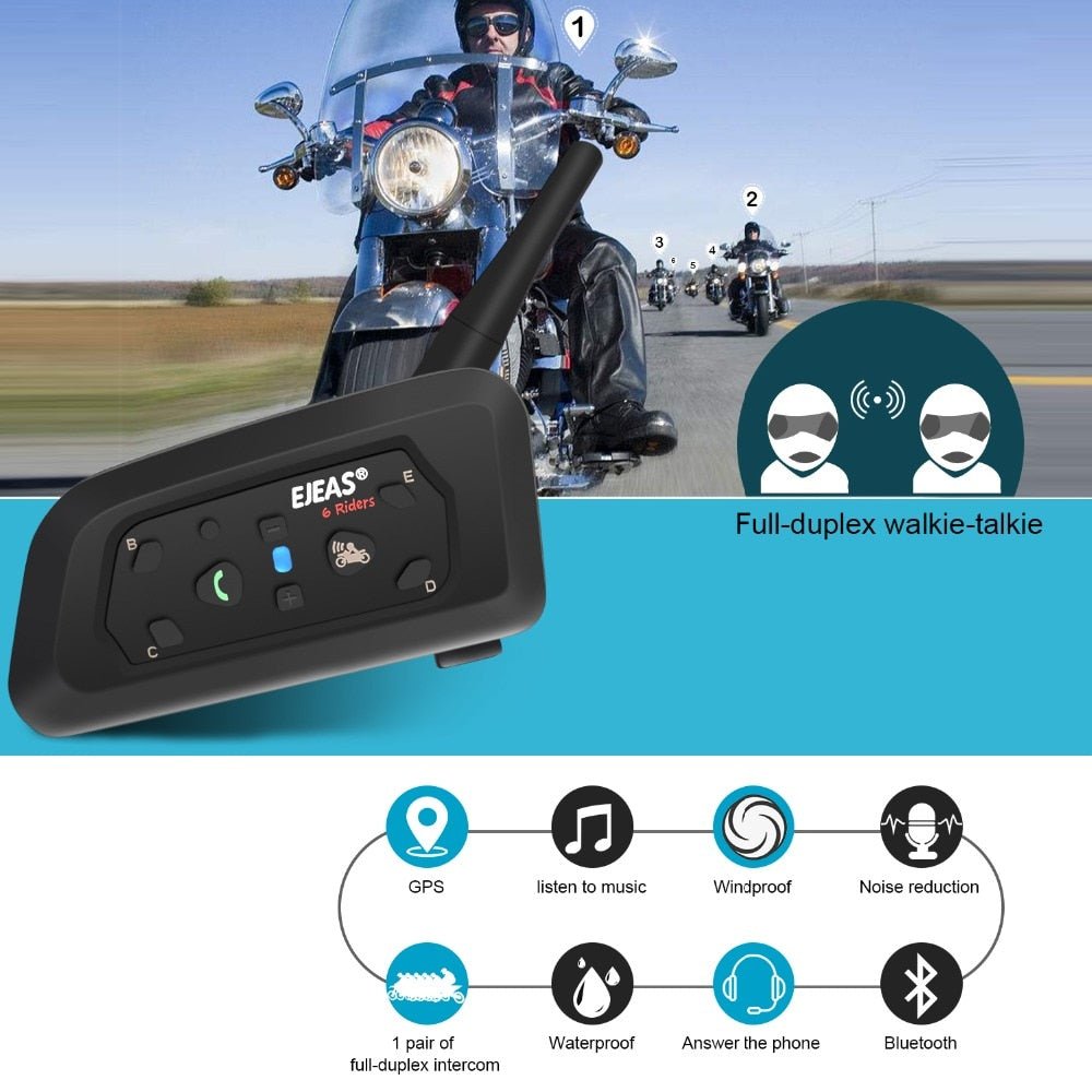 EJEAS V6 Pro Bluetooth Motorhelm Intercom Headset - 1200 meter bereik - Waterdicht - tot 6 rijders - Bivakshop
