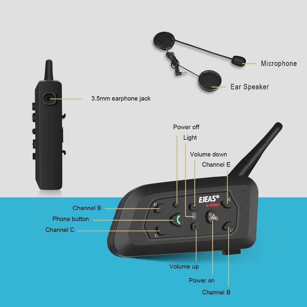 EJEAS V6 Pro Bluetooth Motorhelm Intercom Headset - 1200 meter bereik - Waterdicht - tot 6 rijders - Bivakshop