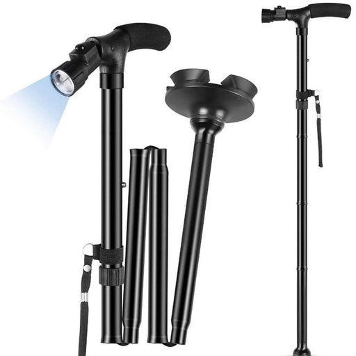 Folding Cane with LED Light Foldable Walking Stick Anti - Slip Disability Aluminium Cane Torch Adjustable Portable Emergency Lamp - Bivakshop