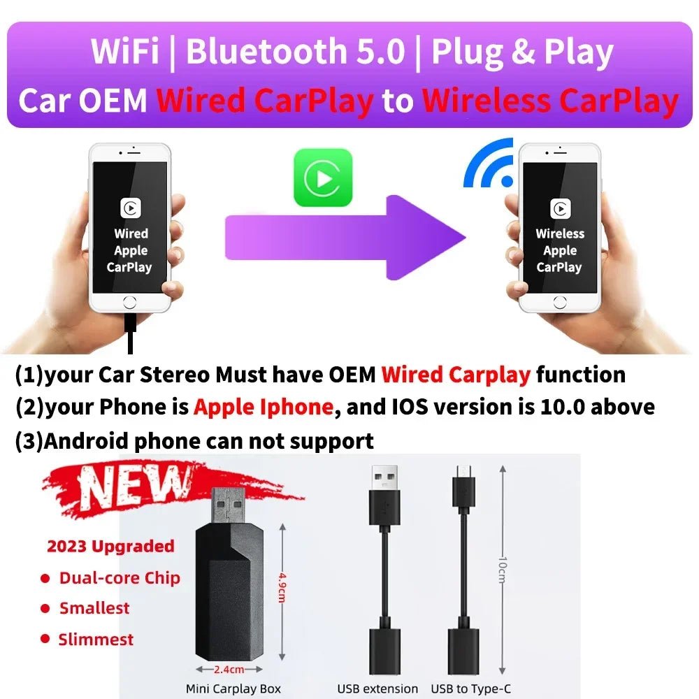 FUNNAVI bedrade naar draadloze CarPlay adapter - Voor OEM auto stereo met USB, plug en play - Bivakshop