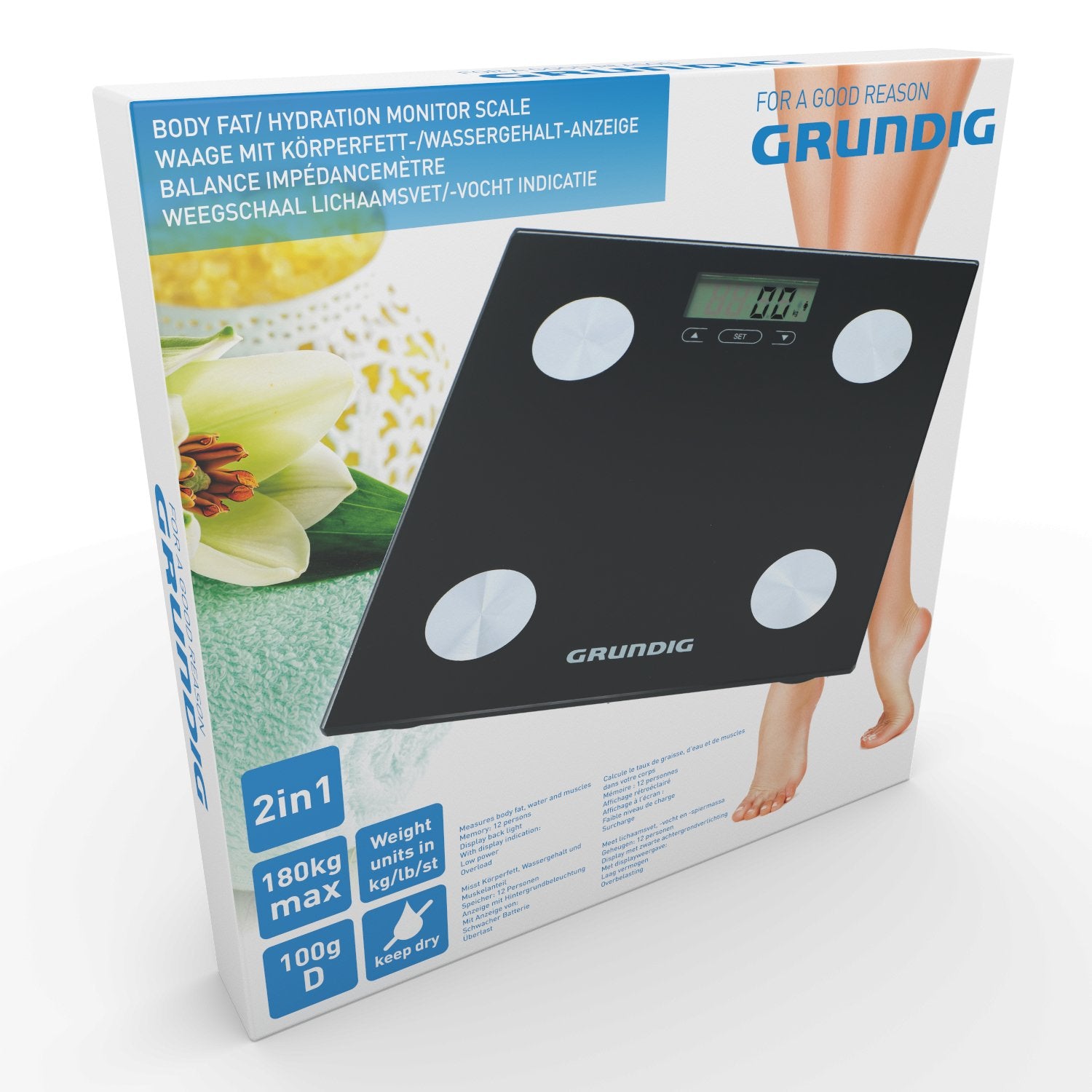 Grundig digitale weegschaal met lichaamsanalyse - Zwart, 180 kg - Bivakshop