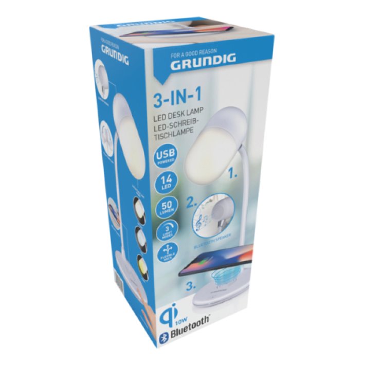 Grundig ED-72546: 3-in-1 LED Desk Lamp, Bluetooth Speaker and Wireless Charger - Bivakshop