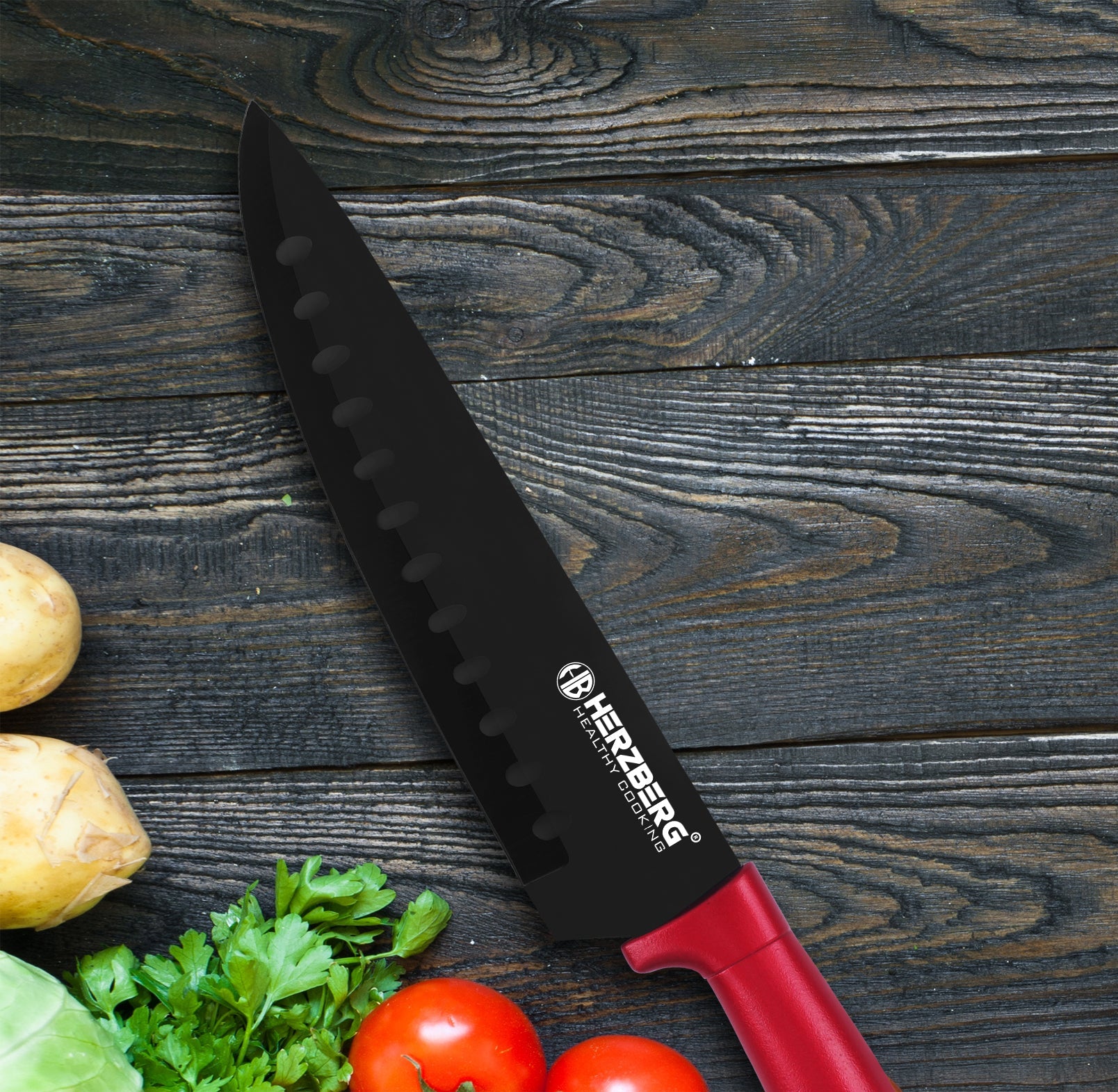 Herzberg 8 Delige Messenset met Acryl Standaard - Rood - Bivakshop