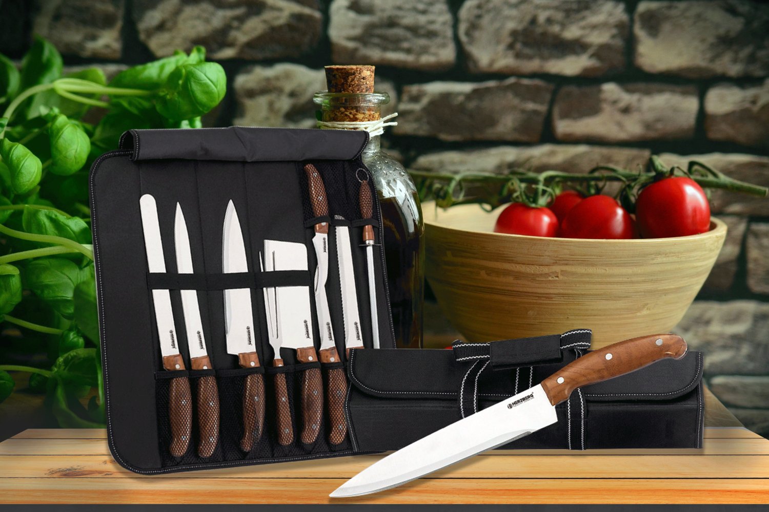 Herzberg HG-K9W: Luxe 9-delige messenset met opvouwbare draagtas - Bivakshop