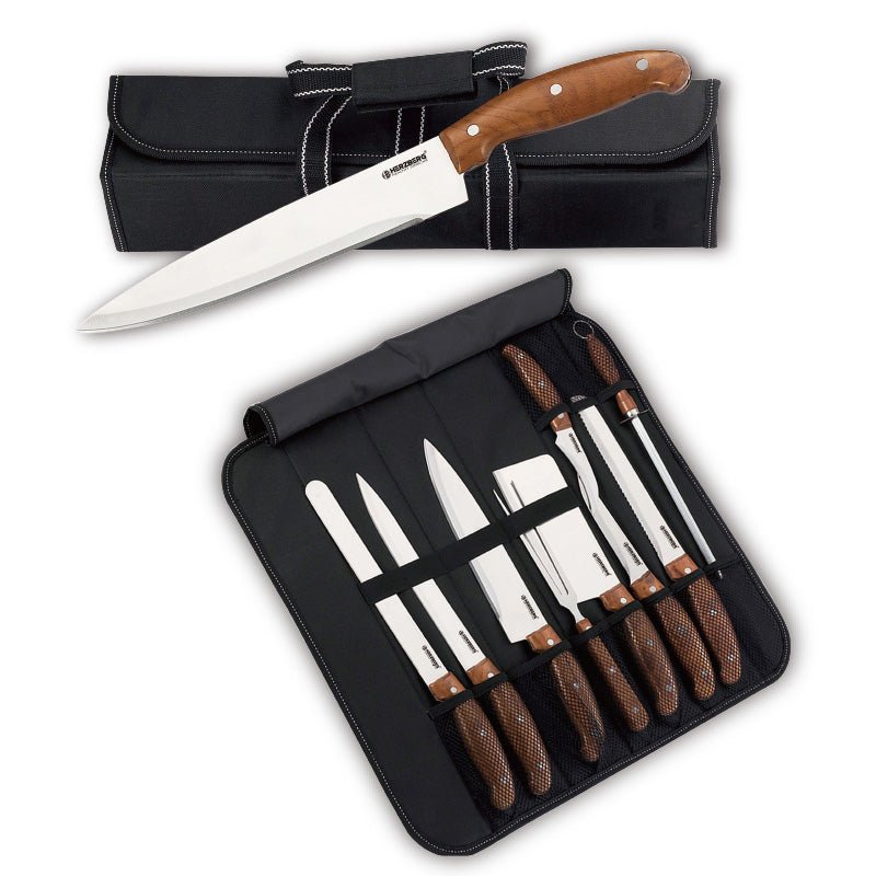 Herzberg HG-K9W: Luxe 9-delige messenset met opvouwbare draagtas - Bivakshop