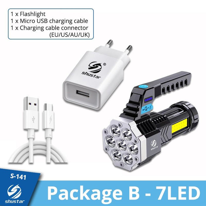 High Power Led Flashlights Cob Side Light Lightweight Outdoor Lighting ABS Material Torch 7LED Rechargeable Flashlight Powerful - Bivakshop