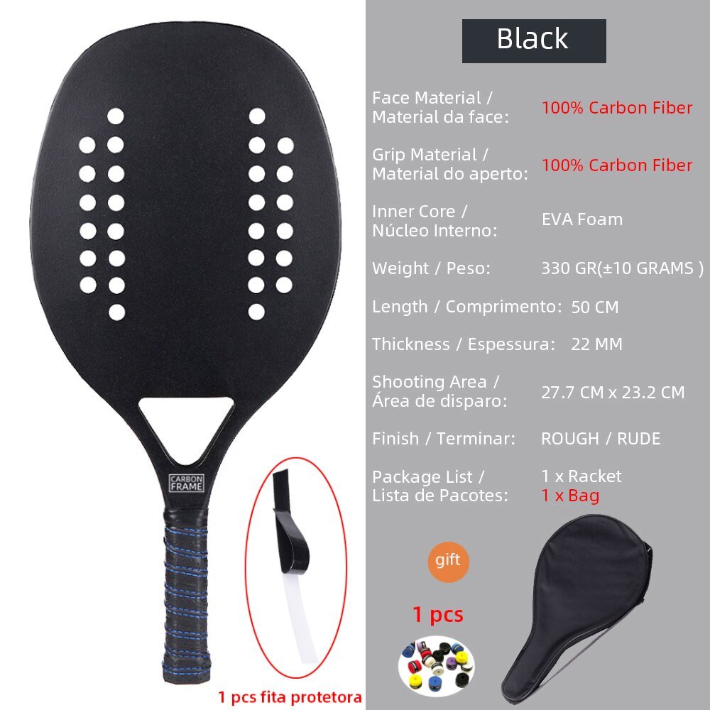 Hoge kwaliteit 3K carbon en glasvezel strand tennisracket set met bal en beschermhoe - Bivakshop