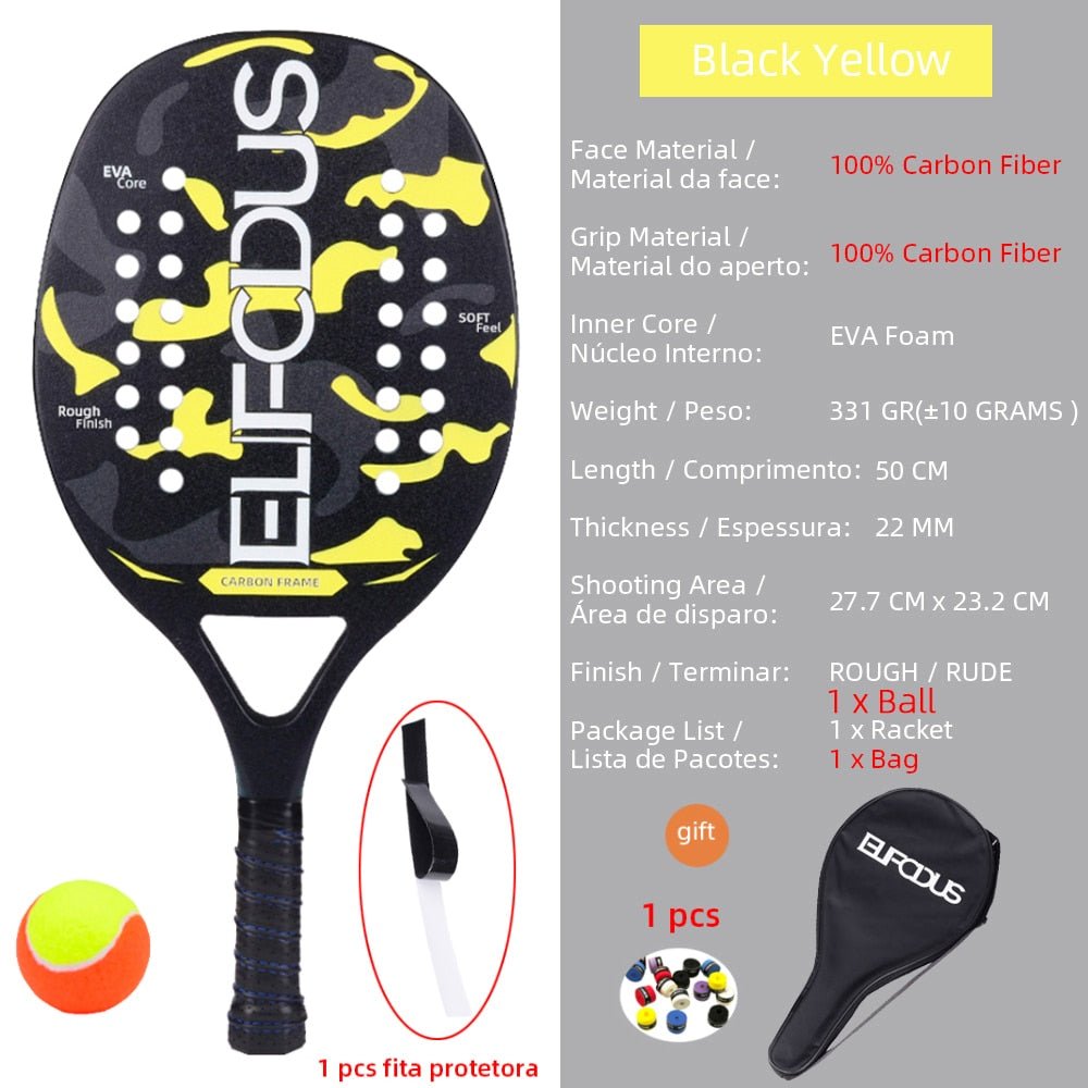 Hoge kwaliteit 3K carbon en glasvezel strand tennisracket set met bal en beschermhoe - Bivakshop