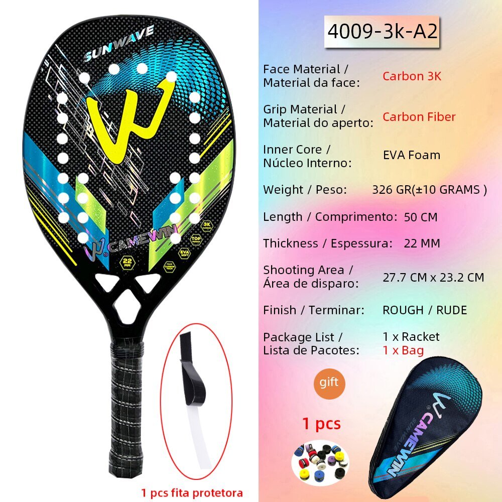 Hoge kwaliteit 3K carbon en glasvezel strand tennisracket set met bal en beschermhoe - Bivakshop