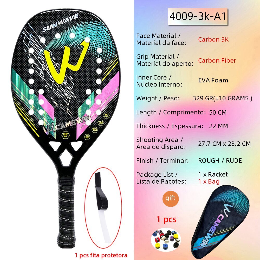 Hoge kwaliteit 3K carbon en glasvezel strand tennisracket set met bal en beschermhoe - Bivakshop