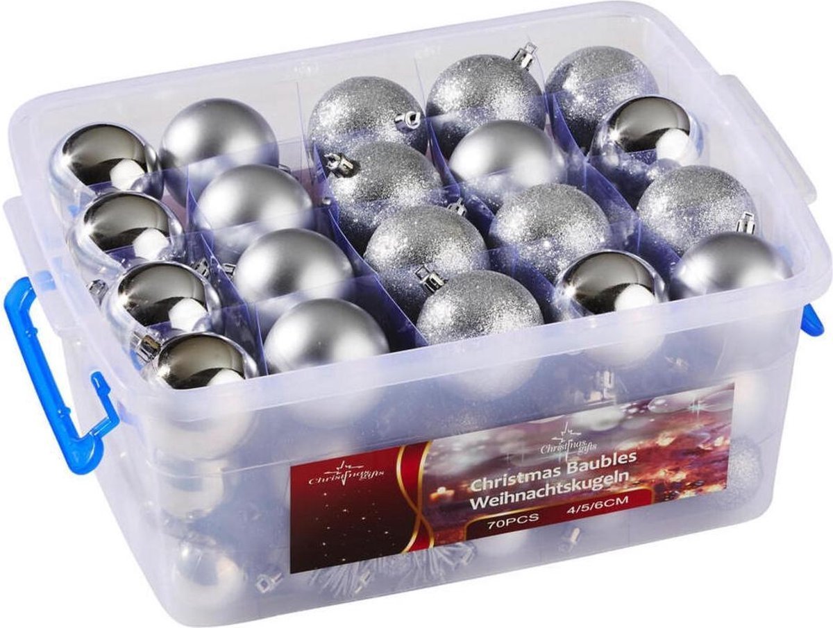 Kerstballen Zilver 70 Stuks Incl. Kerst Opbergbox - Bivakshop