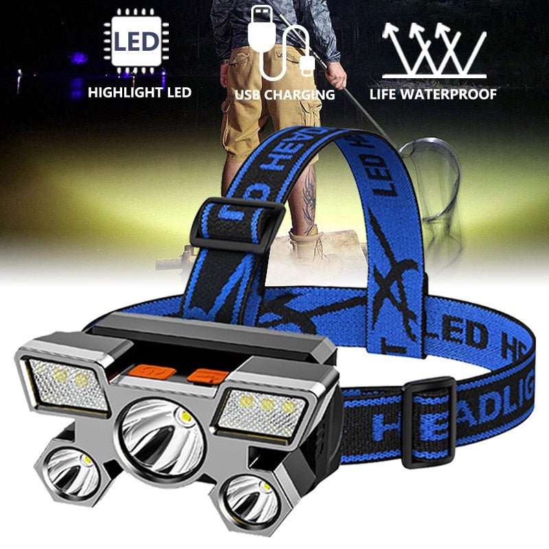 Koplamp - LED - Sterk licht - 5 koplampen - USB oplaadbaar - Bivakshop