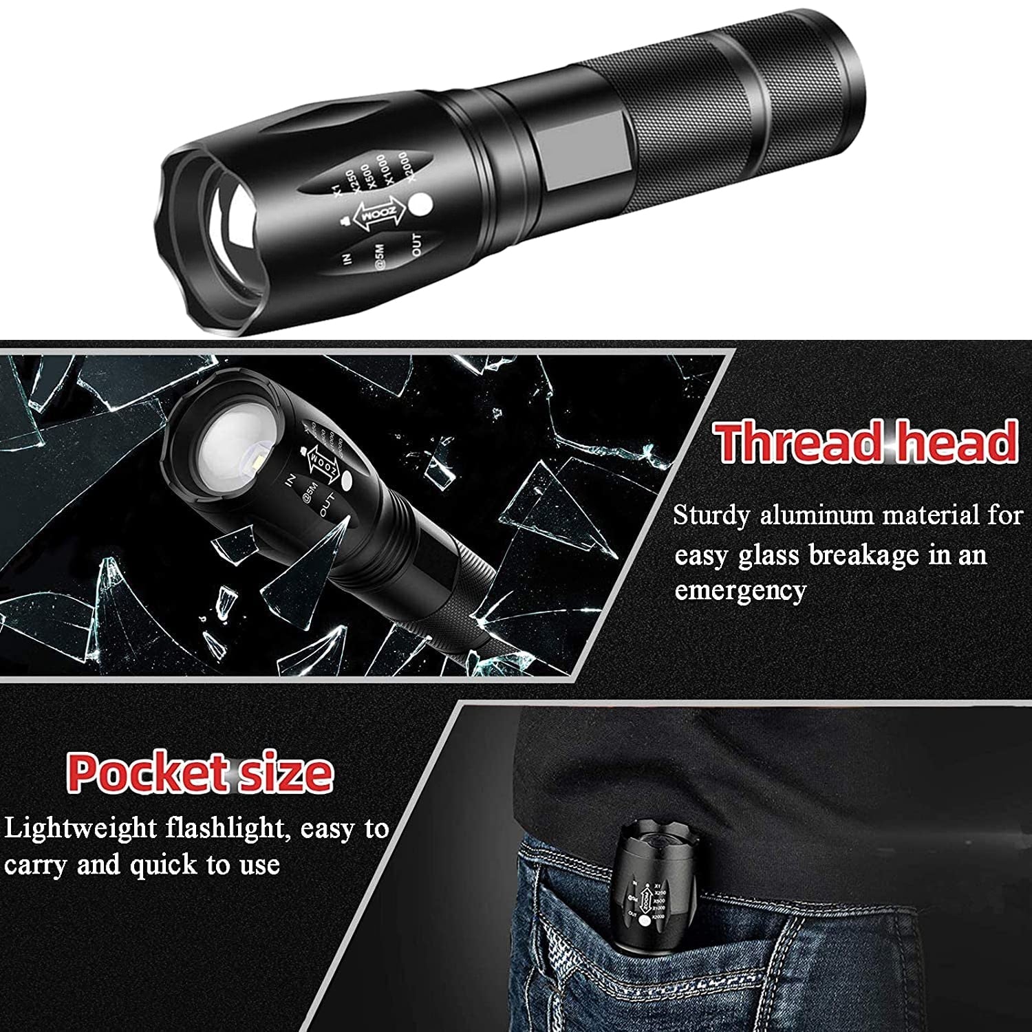 Krachtige zaklamp - LED - USB oplaadbaar - 3-6 uur brandduur - Bivakshop