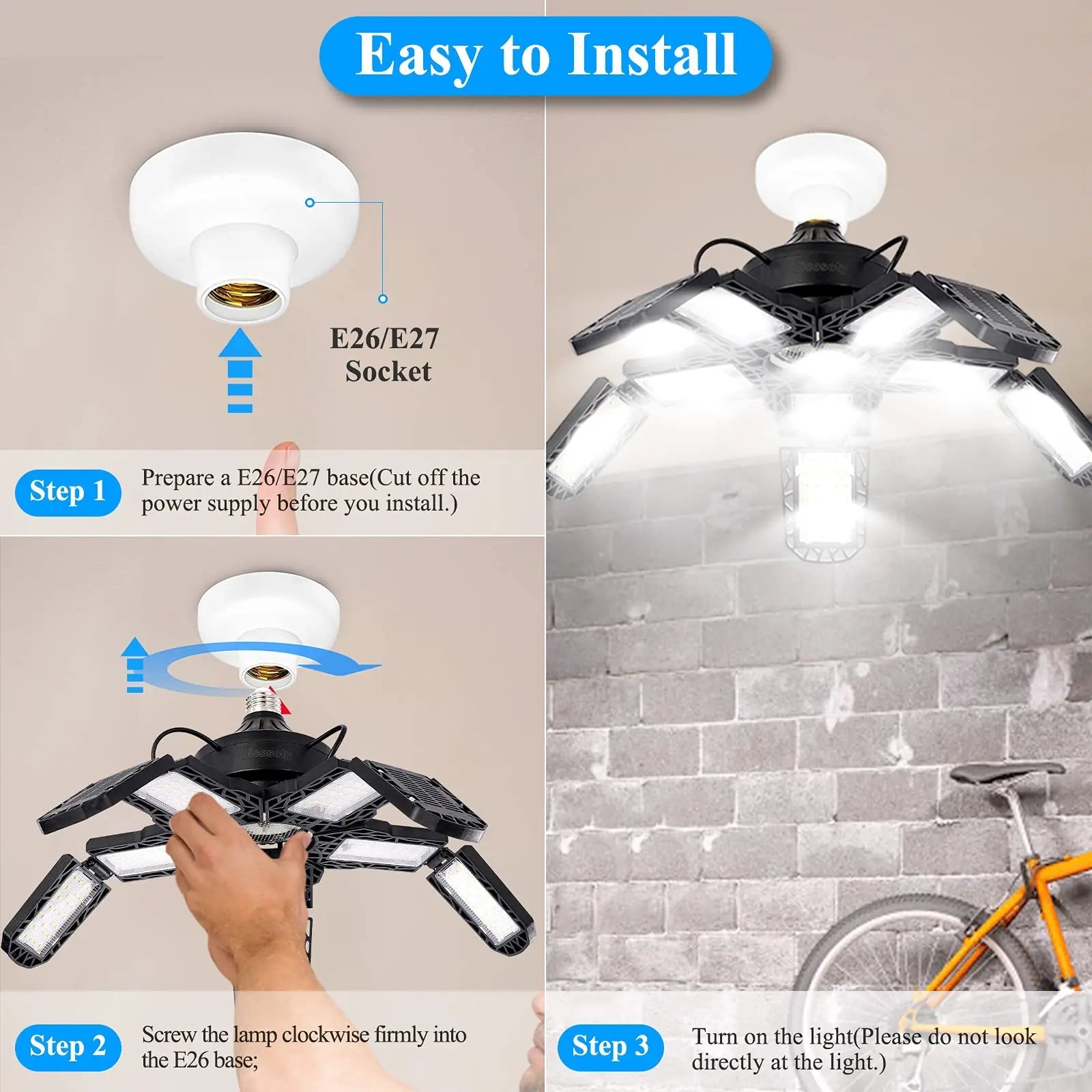 Leclstar LED garageverlichting - 80W deformeerbare plafondlamp met 3 verstelbare panelen - Bivakshop