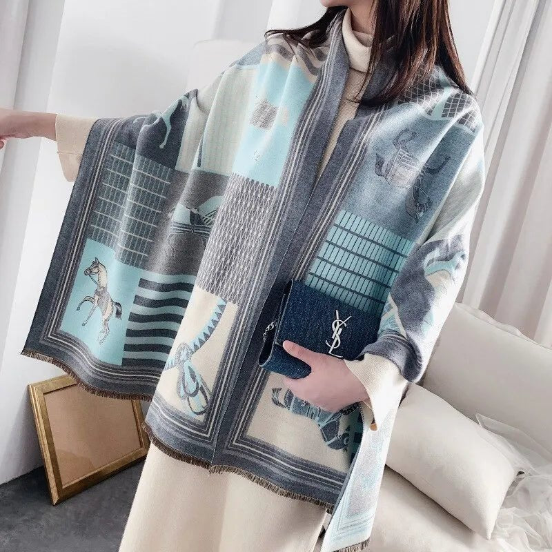 Luxe cashmere winter sjaal voor dames - Stijlvol paardenpatroon - Pashmina deken - Bivakshop