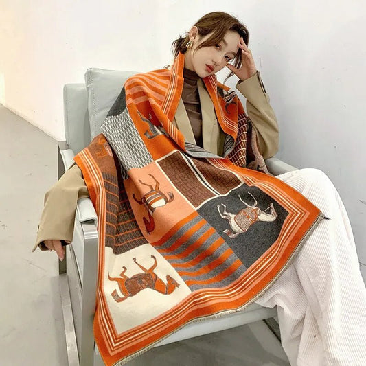 Luxe cashmere winter sjaal voor dames - Stijlvol paardenpatroon - Pashmina deken - Bivakshop