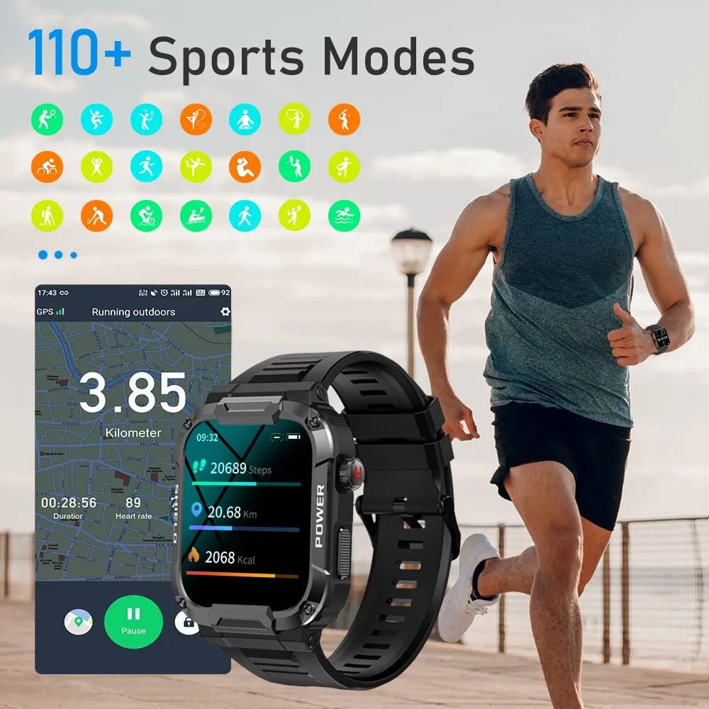 Melanda 1.85 outdoor militaire smartwatch voor mannen - IP68 waterdicht - Bloeddrukmonitor - Bivakshop