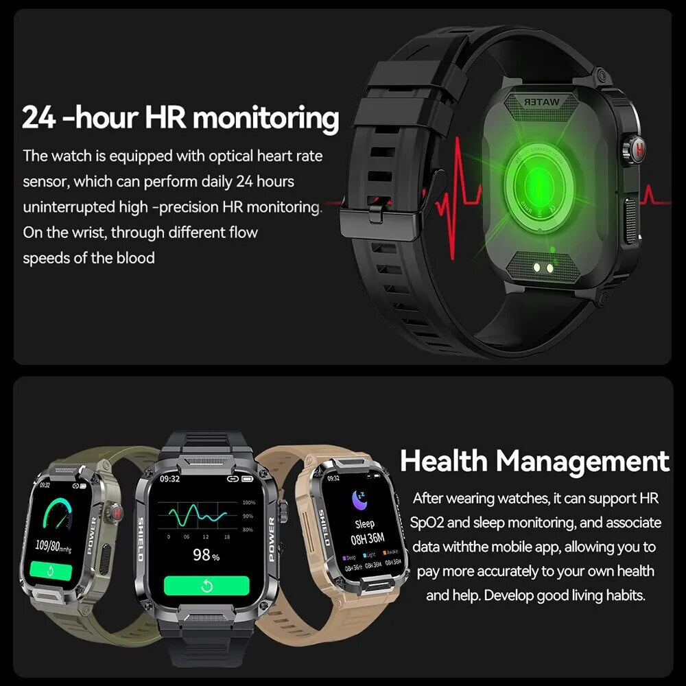 Melanda 1.85 outdoor militaire smartwatch voor mannen - IP68 waterdicht - Bloeddrukmonitor - Bivakshop