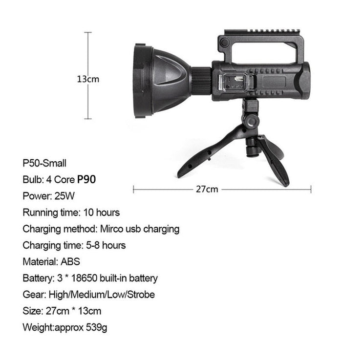 P90 Portable Powerful LED Flashlight Mountable Bracket Handheld Searchlight USB Rechargeable Spotlight Waterproof Torch Light - Bivakshop