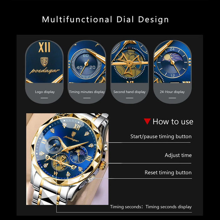 POEDAGAR luxe heren horloge - Waterdichte chronograaf met lichtgevende wijzers - Bivakshop