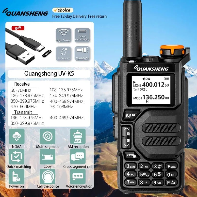 Quansheng UV-K5 walkie talkie - Volledige band luchtvaartband - Automatische frequentiematching - Bivakshop