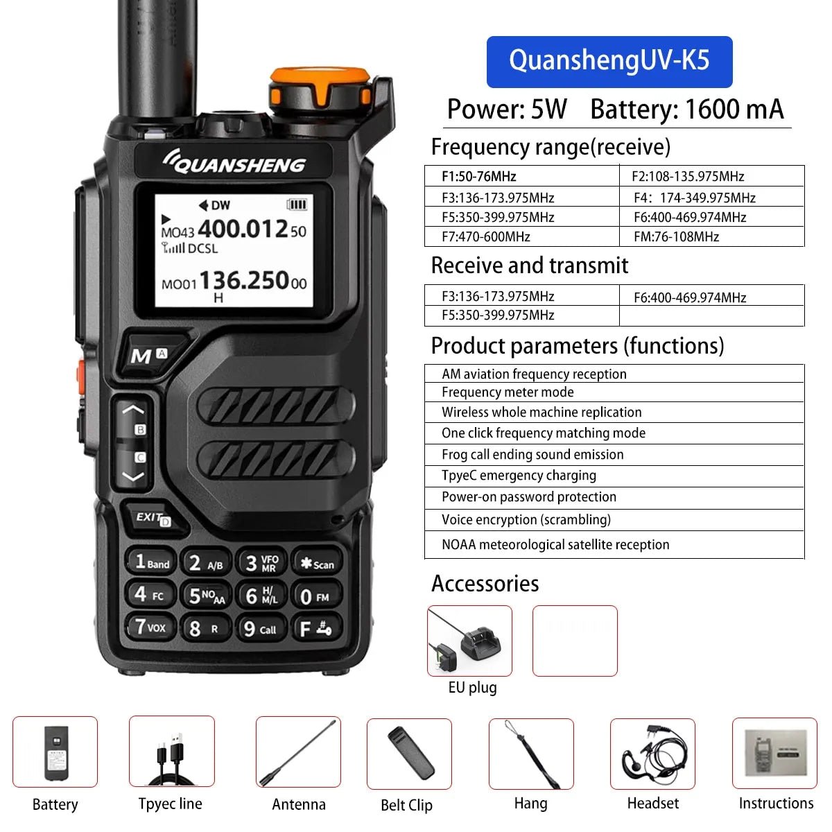 Quansheng UV-K5 walkie talkie - Volledige band luchtvaartband - Automatische frequentiematching - Bivakshop