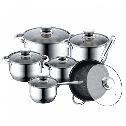 Royalty Line RL - 1231M: 12 - delige roestvrijstalen pannenset met met marmer gecoate pan - Bivakshop