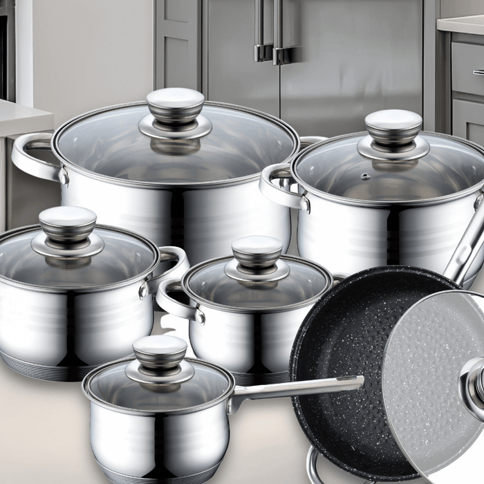 Royalty Line RL - 1231M: 12 - delige roestvrijstalen pannenset met met marmer gecoate pan - Bivakshop