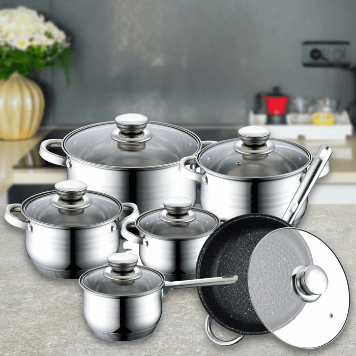 Royalty Line RL - 1231M: 12 - delige roestvrijstalen pannenset met met marmer gecoate pan - Bivakshop