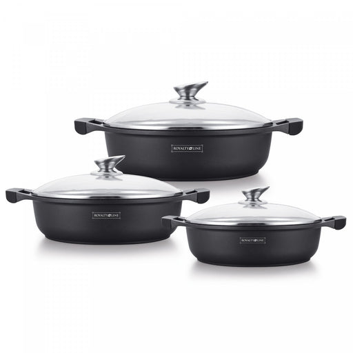 Royalty Line RL-BR1006M: 6-delige lage braadpanset met antiaanbaklaag en marmercoating - Bivakshop