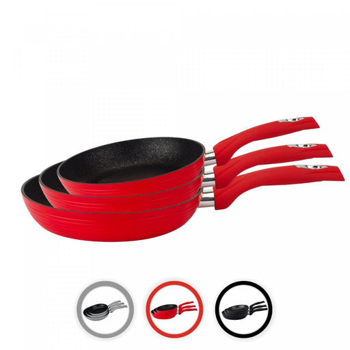 Royalty Line RL-FM3F: Marmercoating gesmeed aluminium 3-delige koekenpannenset - Rood - Bivakshop
