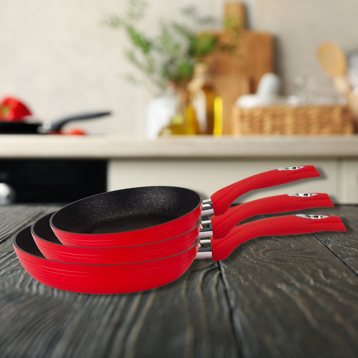 Royalty Line RL-FM3F: Marmercoating gesmeed aluminium 3-delige koekenpannenset - Rood - Bivakshop